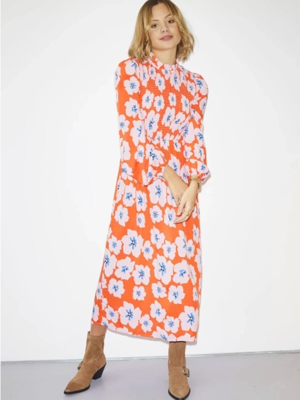 Never Fully Dressed Orange Floral Smocked Long Sleeve Midi Dress
